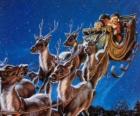 Волшебный олень потянув санях Санта Клауса на Рождество ночь
